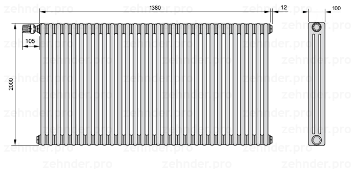 Схема (чертеж) Радиатор Zehnder Charleston 3200/30 №V012 Белый глянцевый RAL 9016
